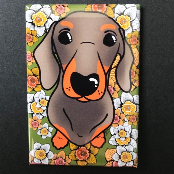 Black and Tan Dachshund Dog Daffodil Flower Magnet Handmade Floral Dog Decor - Picture 1 of 9